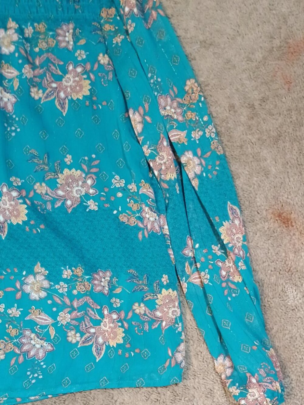 S C Society/Blouse Top/Women Large Teal Floral Sheer Chiffon Boho Romantic Style - Picture 9 of 10